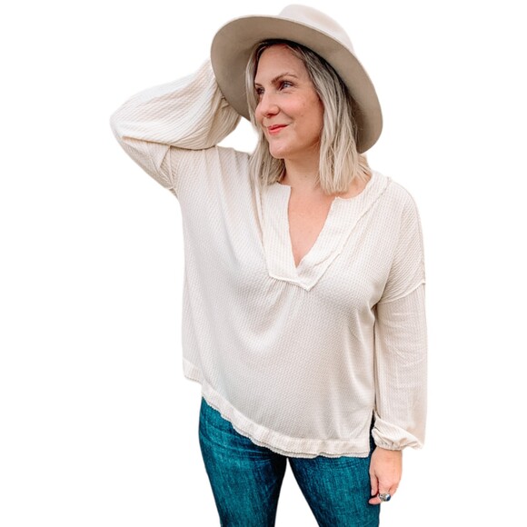 NWT oversized waffle knit v-neck boxy top cream size small - Picture 9 of 9